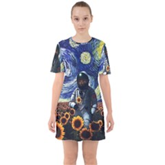 Starry Surreal Psychedelic Astronaut Space Sixties Short Sleeve Mini Dress by Pakjumat