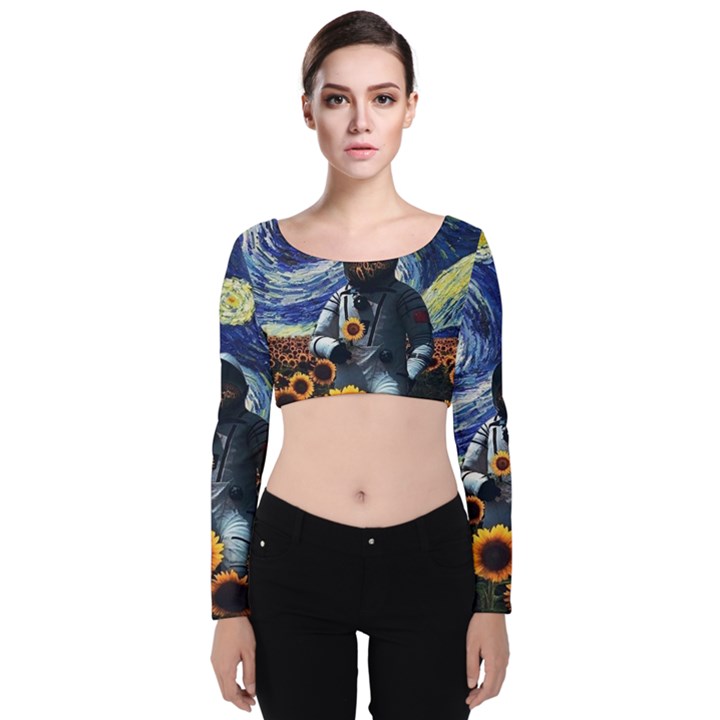 Starry Surreal Psychedelic Astronaut Space Velvet Long Sleeve Crop Top