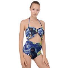 Starry Surreal Psychedelic Astronaut Space Scallop Top Cut Out Swimsuit by Pakjumat