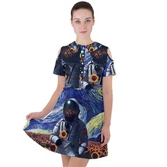 Starry Surreal Psychedelic Astronaut Space Short Sleeve Shoulder Cut Out Dress 