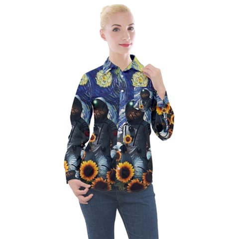 Starry Surreal Psychedelic Astronaut Space Women s Long Sleeve Pocket Shirt by Pakjumat