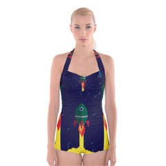 Rocket Halftone Astrology Astronaut Boyleg Halter Swimsuit  by Pakjumat