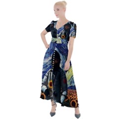 Starry Surreal Psychedelic Astronaut Space Button Up Short Sleeve Maxi Dress by Pakjumat