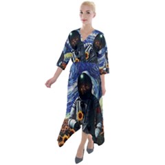 Starry Surreal Psychedelic Astronaut Space Quarter Sleeve Wrap Front Maxi Dress by Pakjumat