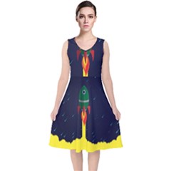 Rocket Halftone Astrology Astronaut V-neck Midi Sleeveless Dress  by Pakjumat