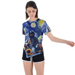 Starry Surreal Psychedelic Astronaut Space Asymmetrical Short Sleeve Sports T-shirt by Pakjumat