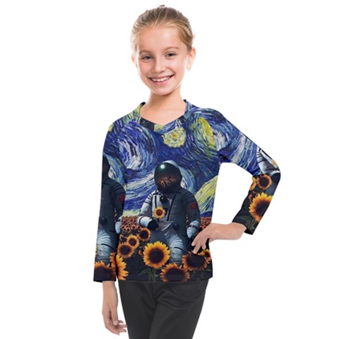 Starry Surreal Psychedelic Astronaut Space Kids  Long Mesh T-shirt by Pakjumat