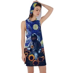 Starry Surreal Psychedelic Astronaut Space Racer Back Hoodie Dress by Pakjumat