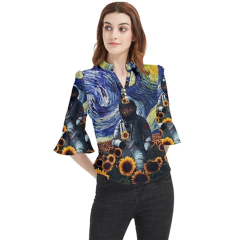 Starry Surreal Psychedelic Astronaut Space Loose Horn Sleeve Chiffon Blouse by Pakjumat