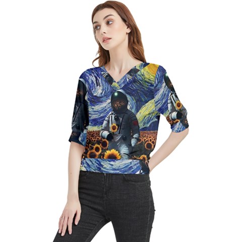 Starry Surreal Psychedelic Astronaut Space Quarter Sleeve Blouse by Pakjumat