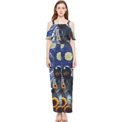 Starry Surreal Psychedelic Astronaut Space Draped Sleeveless Chiffon Jumpsuit by Pakjumat