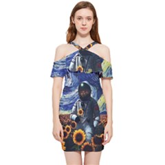 Starry Surreal Psychedelic Astronaut Space Shoulder Frill Bodycon Summer Dress by Pakjumat