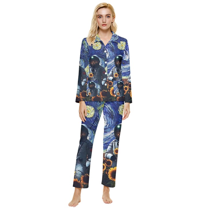 Starry Surreal Psychedelic Astronaut Space Womens  Long Sleeve Velvet Pocket Pajamas Set