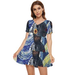 Starry Surreal Psychedelic Astronaut Space Tiered Short Sleeve Babydoll Dress by Pakjumat