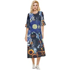 Starry Surreal Psychedelic Astronaut Space Double Cuff Midi Dress by Pakjumat