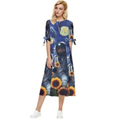 Starry Surreal Psychedelic Astronaut Space Bow Sleeve Chiffon Midi Dress by Pakjumat