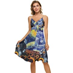 Starry Surreal Psychedelic Astronaut Space Sleeveless Tie Front Chiffon Dress by Pakjumat