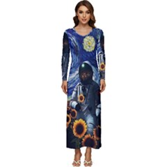 Starry Surreal Psychedelic Astronaut Space Long Sleeve Longline Maxi Dress by Pakjumat