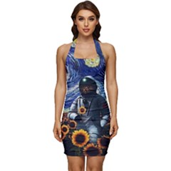 Starry Surreal Psychedelic Astronaut Space Sleeveless Wide Square Neckline Ruched Bodycon Dress by Pakjumat