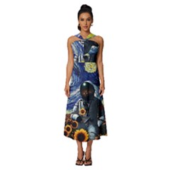 Starry Surreal Psychedelic Astronaut Space Sleeveless Cross Front Cocktail Midi Chiffon Dress by Pakjumat