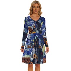 Starry Surreal Psychedelic Astronaut Space Long Sleeve Dress With Pocket by Pakjumat