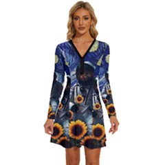 Starry Surreal Psychedelic Astronaut Space Long Sleeve Deep V Mini Dress  by Pakjumat