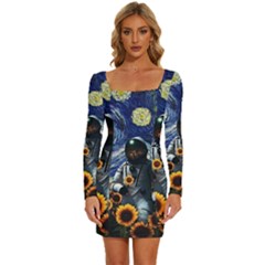 Starry Surreal Psychedelic Astronaut Space Long Sleeve Square Neck Bodycon Velvet Dress by Pakjumat