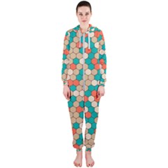 Multicolored Honeycomb Colorful Abstract Geometry Hooded Jumpsuit (ladies) by Pakjumat