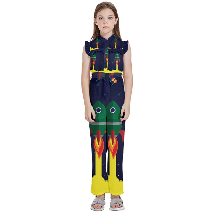 Rocket Halftone Astrology Astronaut Kids  Sleeveless Ruffle Edge Band Collar Chiffon One Piece