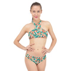 Multicolored Honeycomb Colorful Abstract Geometry High Neck Bikini Set by Pakjumat