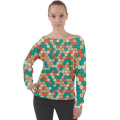 Multicolored Honeycomb Colorful Abstract Geometry Off Shoulder Long Sleeve Velour Top by Pakjumat