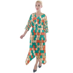 Multicolored Honeycomb Colorful Abstract Geometry Quarter Sleeve Wrap Front Maxi Dress by Pakjumat