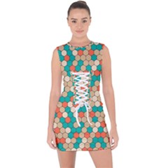 Multicolored Honeycomb Colorful Abstract Geometry Lace Up Front Bodycon Dress by Pakjumat