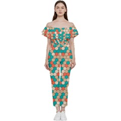 Multicolored Honeycomb Colorful Abstract Geometry Bardot Ruffle Jumpsuit by Pakjumat