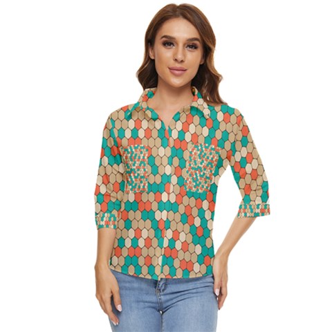 Multicolored Honeycomb Colorful Abstract Geometry Women s Quarter Sleeve Pocket Shirt by Pakjumat