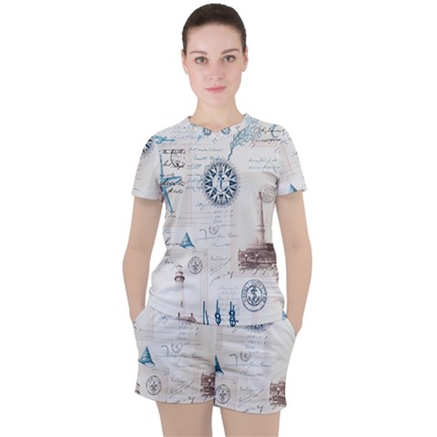 Nautical Lighthouse Vintage Postcard French Writing Women s T-shirt And Shorts Set by Pakjumat