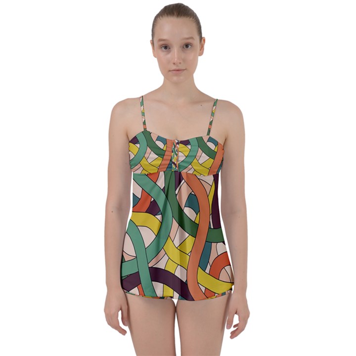 Snake Stripes Intertwined Abstract Babydoll Tankini Set