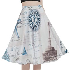 Nautical Lighthouse Vintage Postcard French Writing A-line Full Circle Midi Skirt With Pocket by Pakjumat