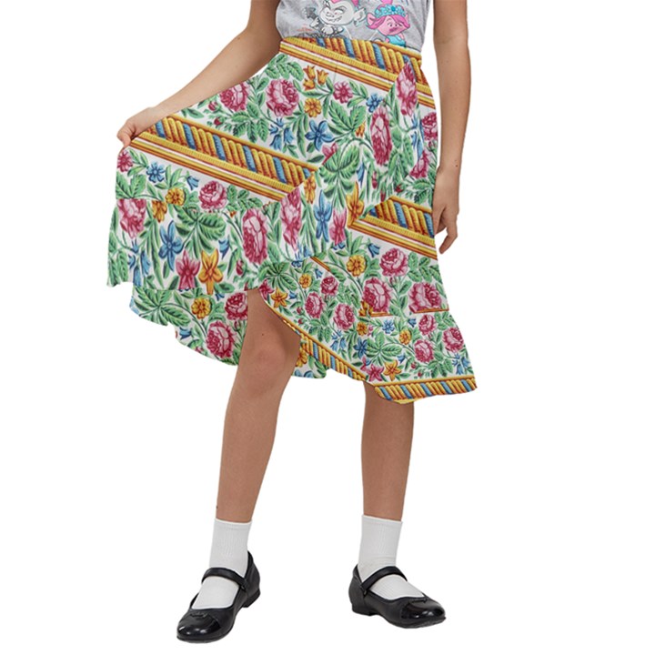 Flower Fabric Design Kids  Ruffle Flared Wrap Midi Skirt