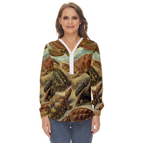 Turtles Leatherback Sea Turtle Zip Up Long Sleeve Blouse by Pakjumat