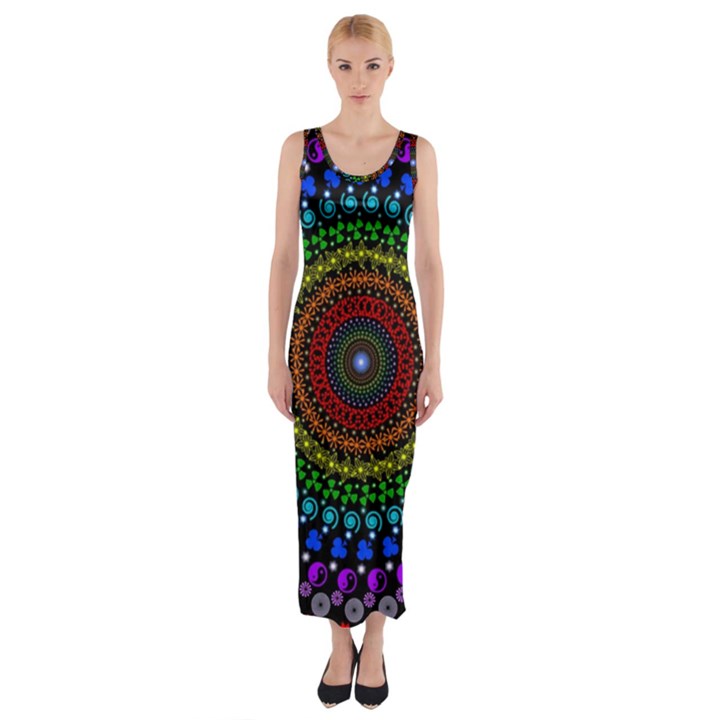 3d Psychedelic Shape Circle Dots Color Fitted Maxi Dress