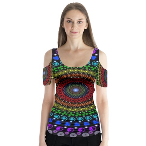 3d Psychedelic Shape Circle Dots Color Butterfly Sleeve Cutout T-shirt  by Modalart