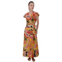 Fantasy Psychedelic Surrealism Trippy Flutter Sleeve Maxi Dress by Modalart