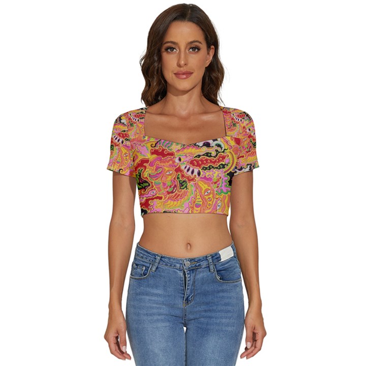 Fantasy Psychedelic Surrealism Trippy Short Sleeve Square Neckline Crop Top 