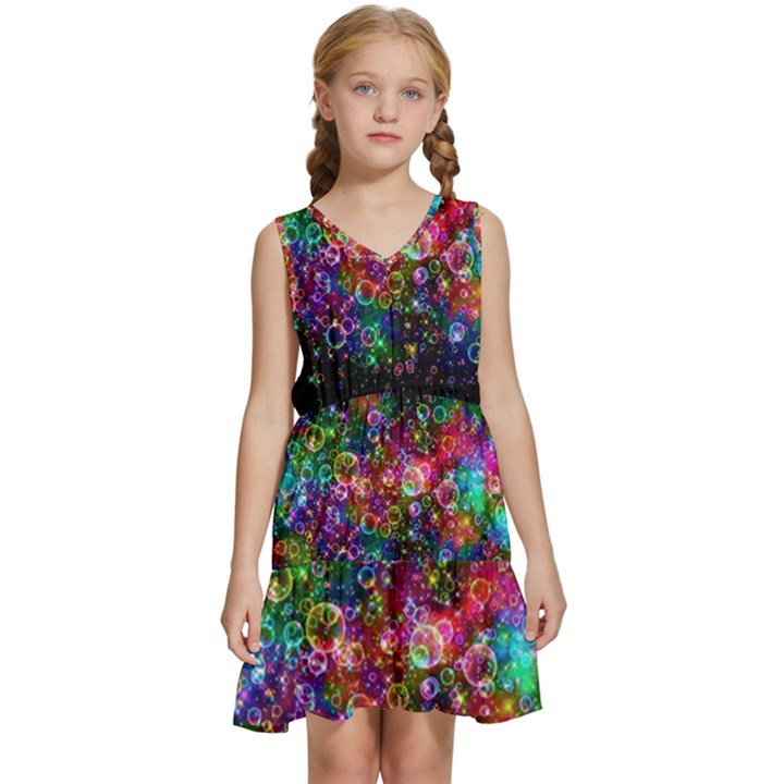 Psychedelic Bubbles Abstract Kids  Sleeveless Tiered Mini Dress