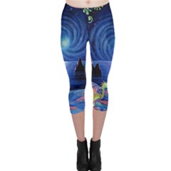 Psychedelic Mushrooms Psicodelia Dream Blue Capri Leggings  by Modalart