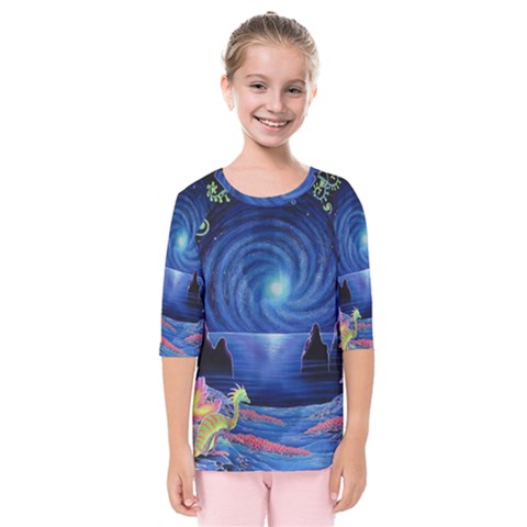 Psychedelic Mushrooms Psicodelia Dream Blue Kids  Quarter Sleeve Raglan T-shirt by Modalart