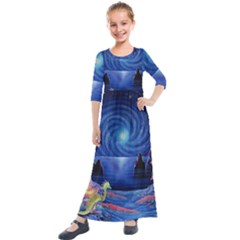 Psychedelic Mushrooms Psicodelia Dream Blue Kids  Quarter Sleeve Maxi Dress