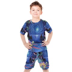 Psychedelic Mushrooms Psicodelia Dream Blue Kids  T-shirt And Shorts Set by Modalart