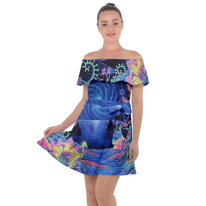 Psychedelic Mushrooms Psicodelia Dream Blue Off Shoulder Velour Dress